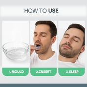 Step-by-step guide showing a man demonstrating how to use the Anti Snore Mouth Guard Pro for better sleep.