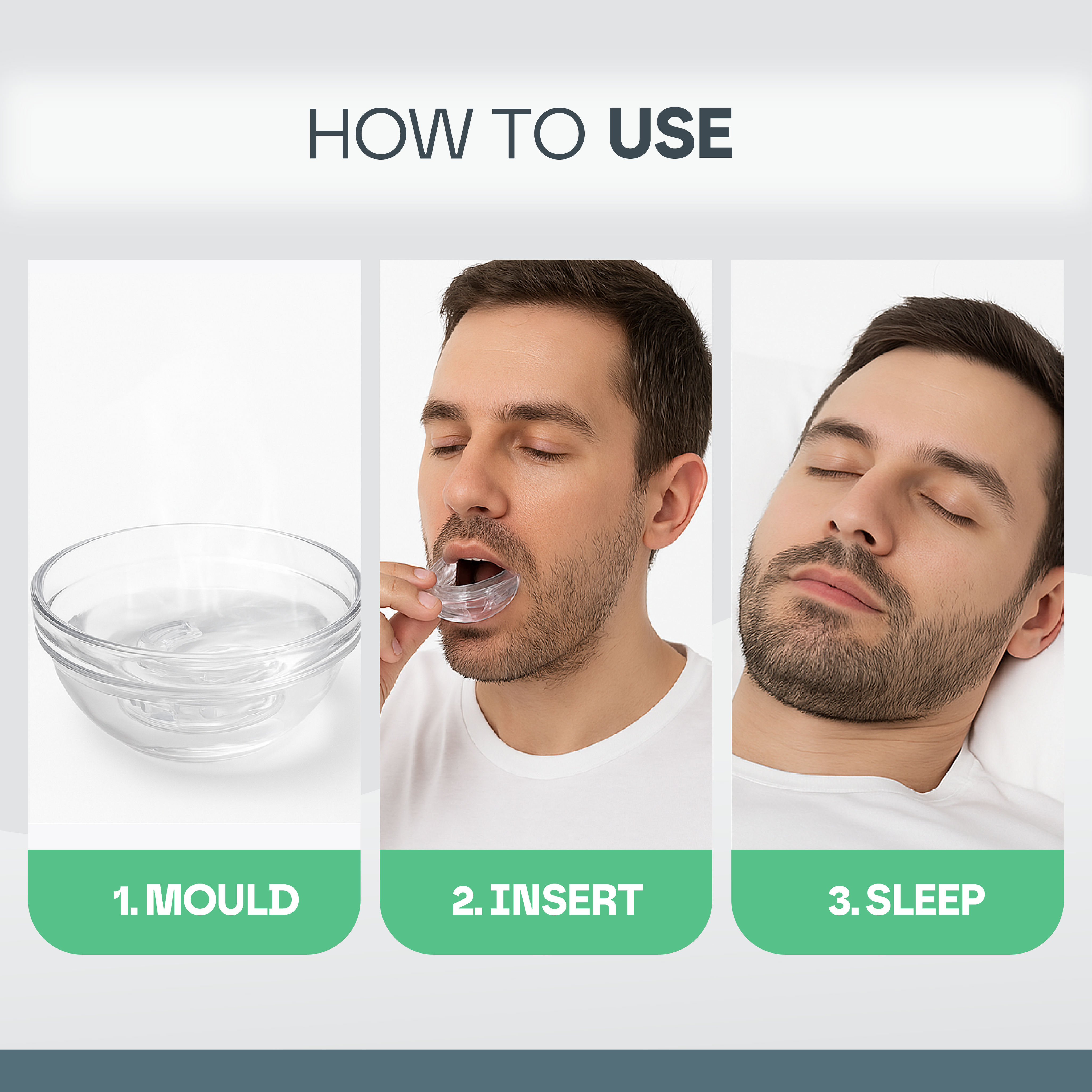 Step-by-step guide showing a man demonstrating how to use the Anti Snore Mouth Guard Pro for better sleep.