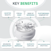 Anti Snore Mouth Guard Pro with packaging, highlighting key benefits for improved sleep, comfort, and reduced snoring.