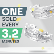 Clear mouthguard labelled Upper and Lower with “sold every 3.2 minutes” statistic on a gray background.