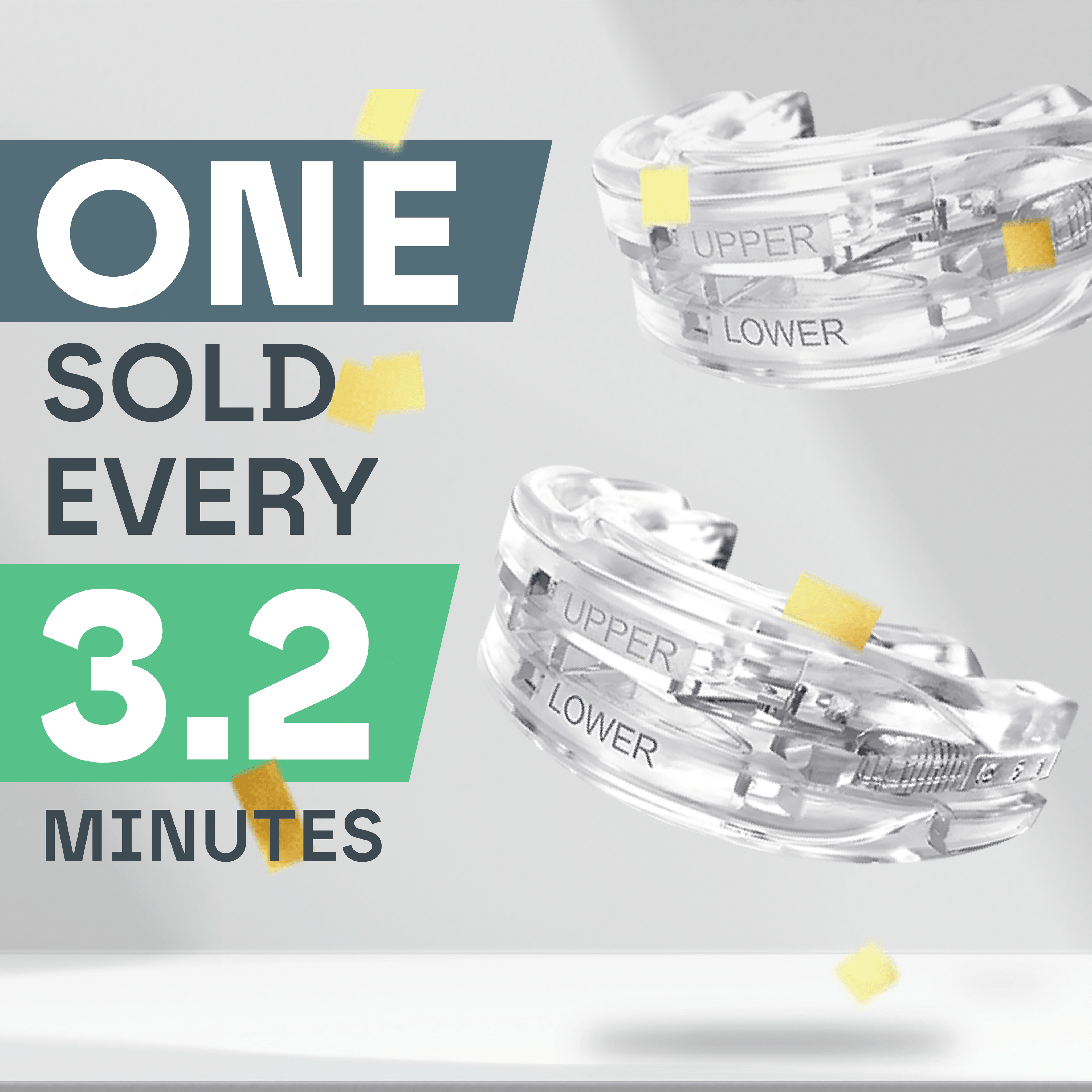 Clear mouthguard labelled Upper and Lower with “sold every 3.2 minutes” statistic on a gray background.