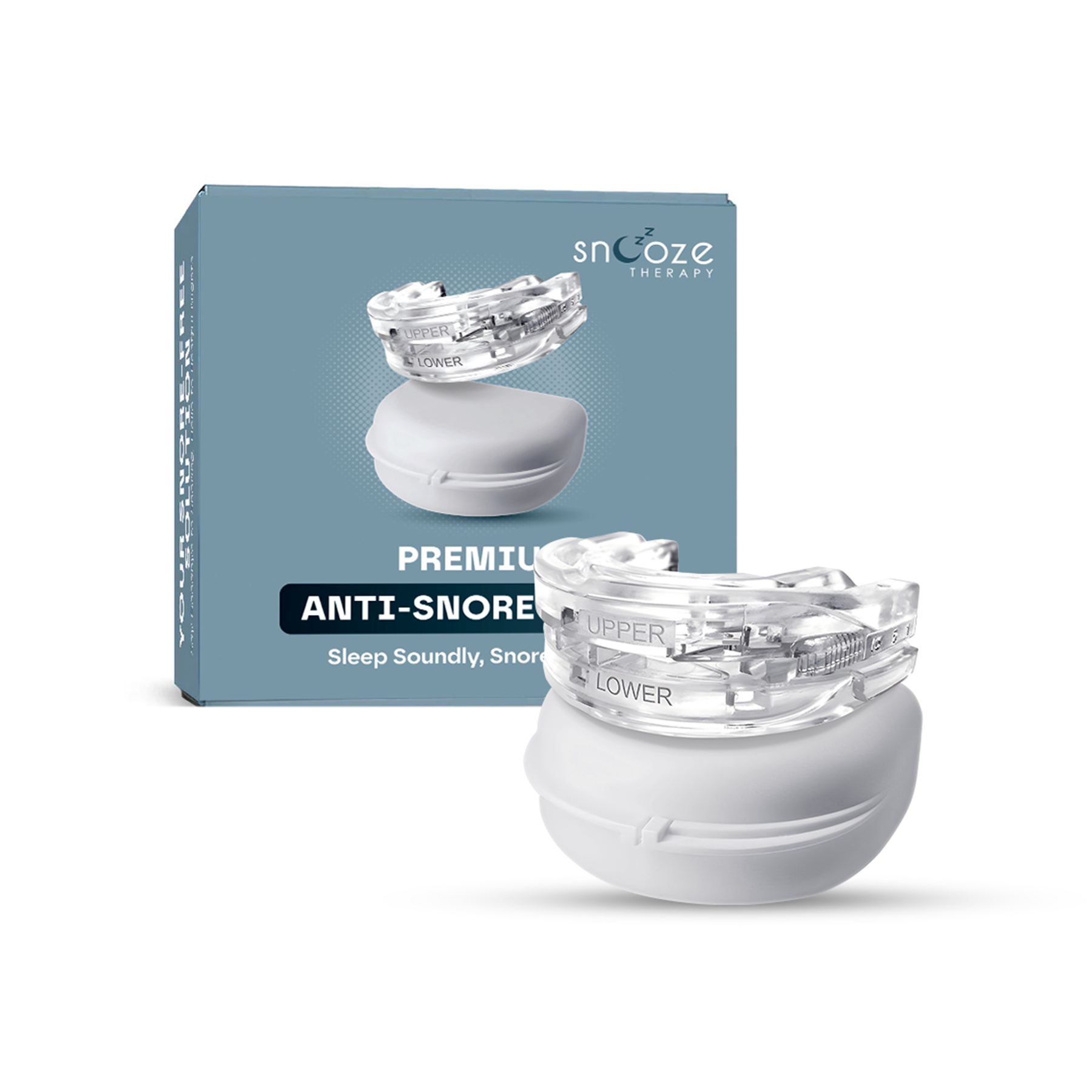 Product shot of Anti Snore Mouth Guard Pro with its packaging box, shown together on a clean background.