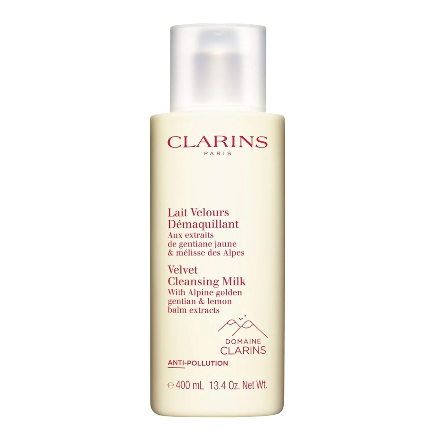 Clarins Velvet Cleansing Milk 400 mL bottle on a plain white background. The bottle is a warm cream color with dark red text and a clear cap.