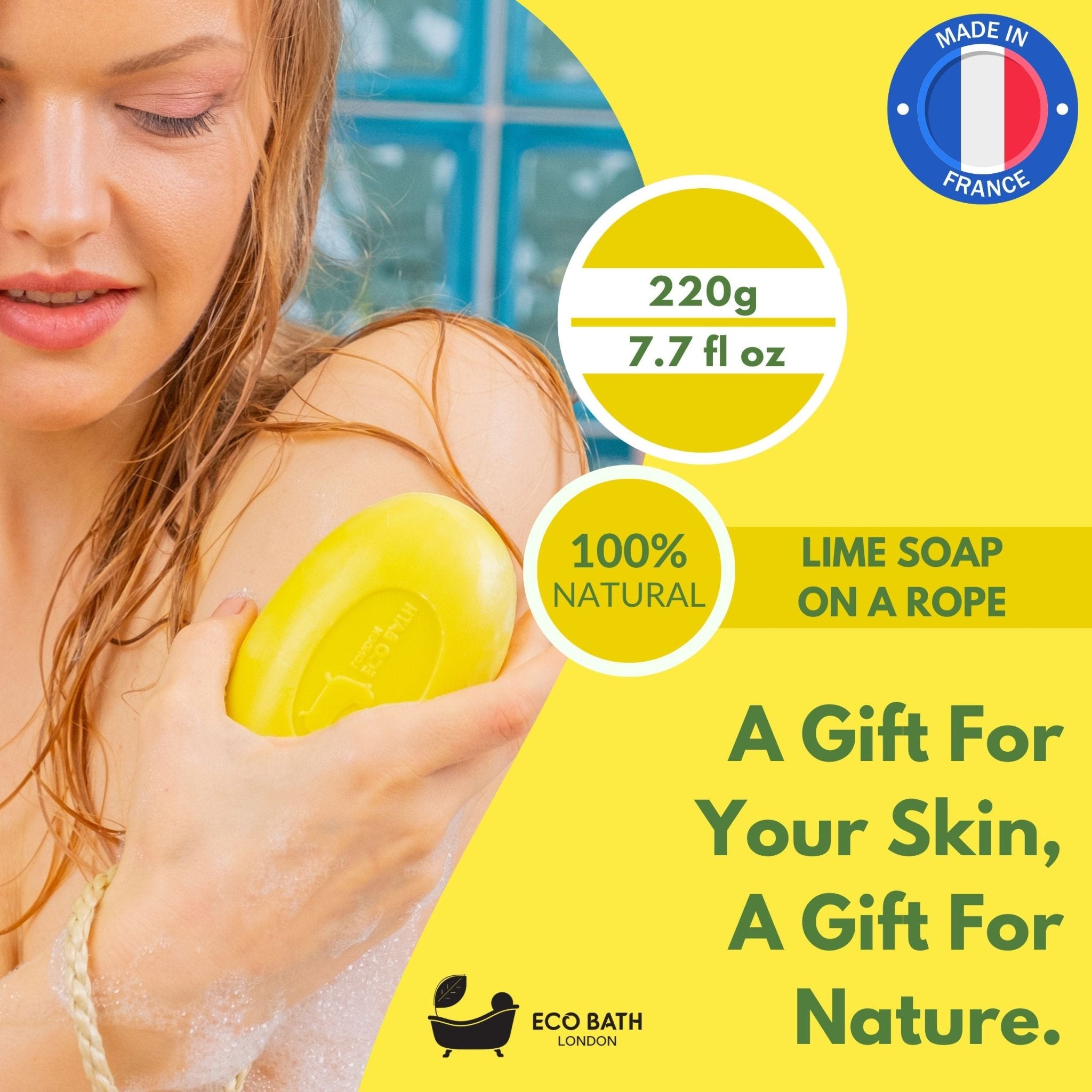 Lime Soap on a Rope 220g - Luxury Eco-Friendly Lime Soap, Refreshing Body Wash Bar with Shea Butter