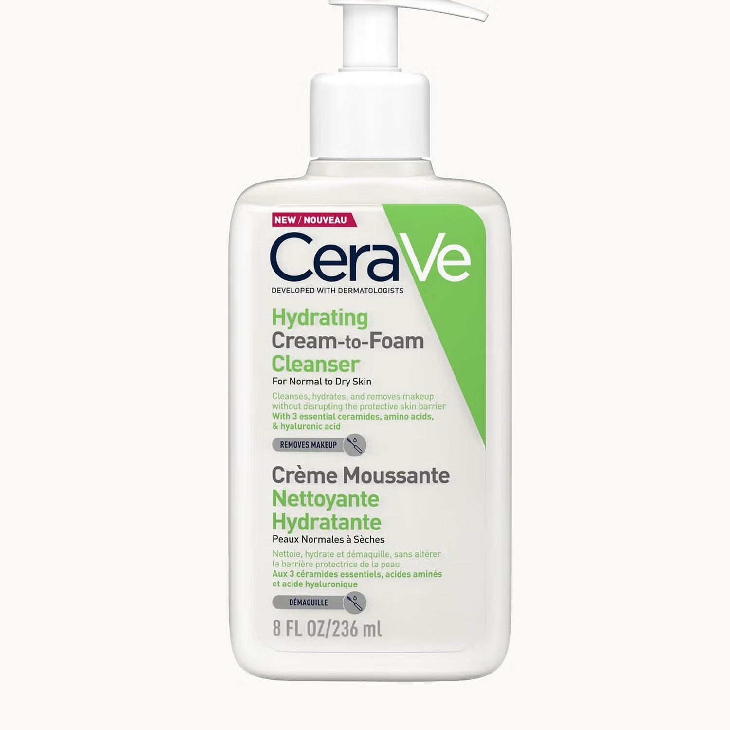 CeraVe hydrating cream-to-foam cleanser bottle on a white background