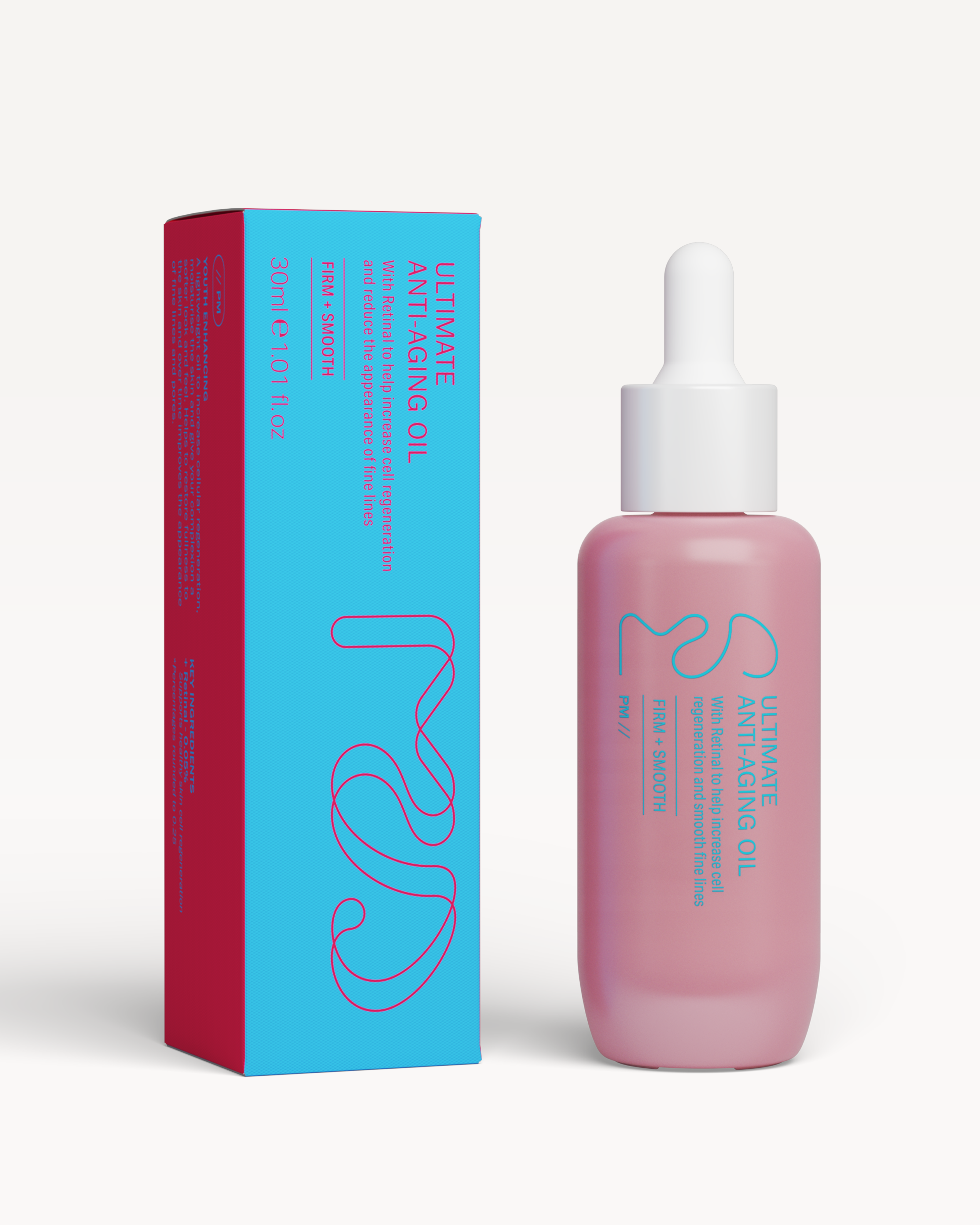 Elegant 30ml bottle of anti-aging facial oil enriched with retinal and vitamin E, designed for nightly use to improve skin firmness and radiance.