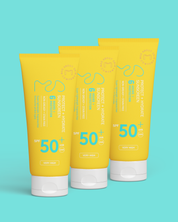 Value sunscreen bundle featuring three hydrating SPF 50 moisturisers to support daily protection against sun exposure and environmental damage.