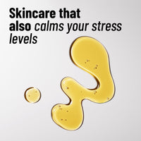 HotChi facial oil with golden liquid texture on a white background, featuring the phrase ‘Skincare that also calms your stress levels'