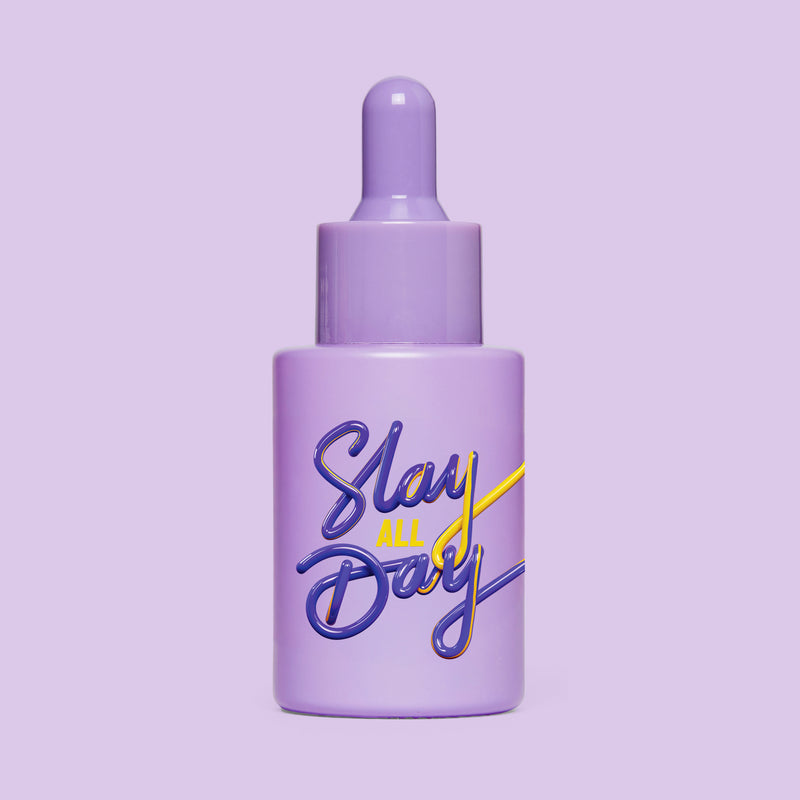 Studio image of HotChi’s Slay All Day Facial Oil on purple background, highlighting empowering, confidence-boosting benefits.