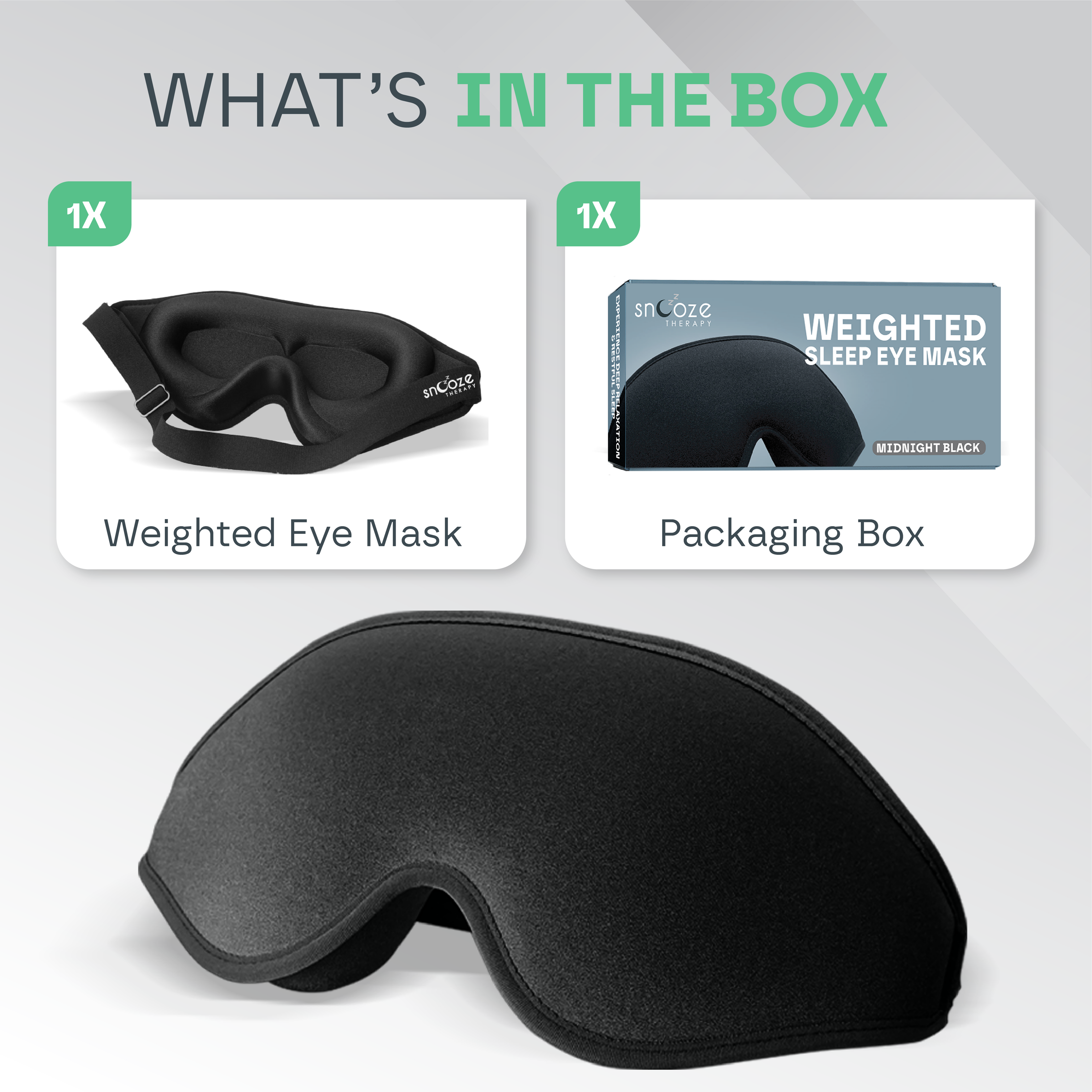 Black weighted sleep eye mask with packaging box on a gray background