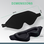 Black sleep mask with measurements on a gray background