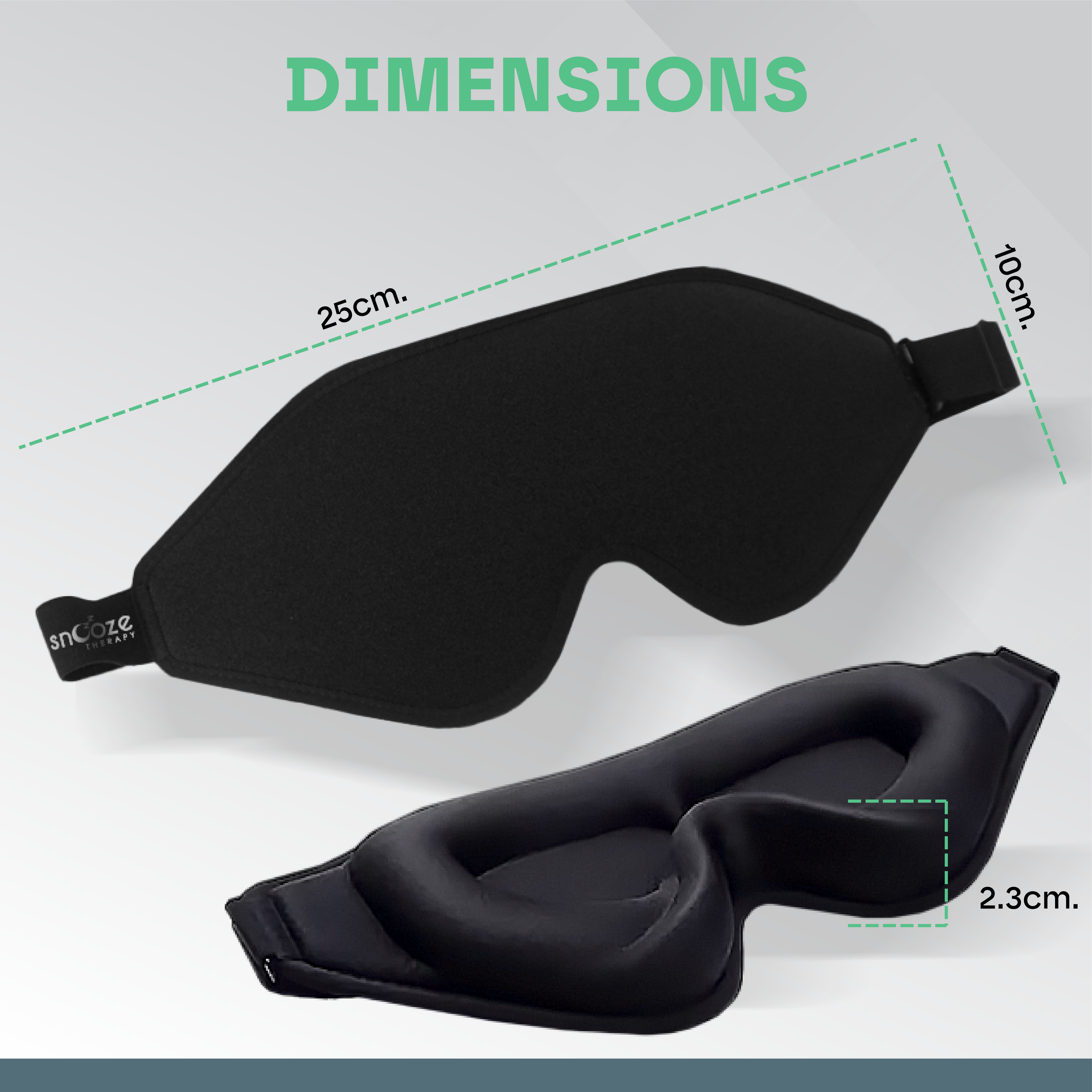 Black sleep mask with measurements on a gray background