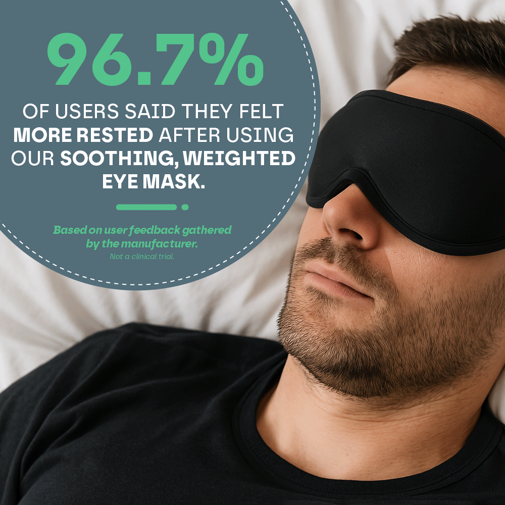 Man wearing a black sleep mask with text about user feedback on eye mask effectiveness.