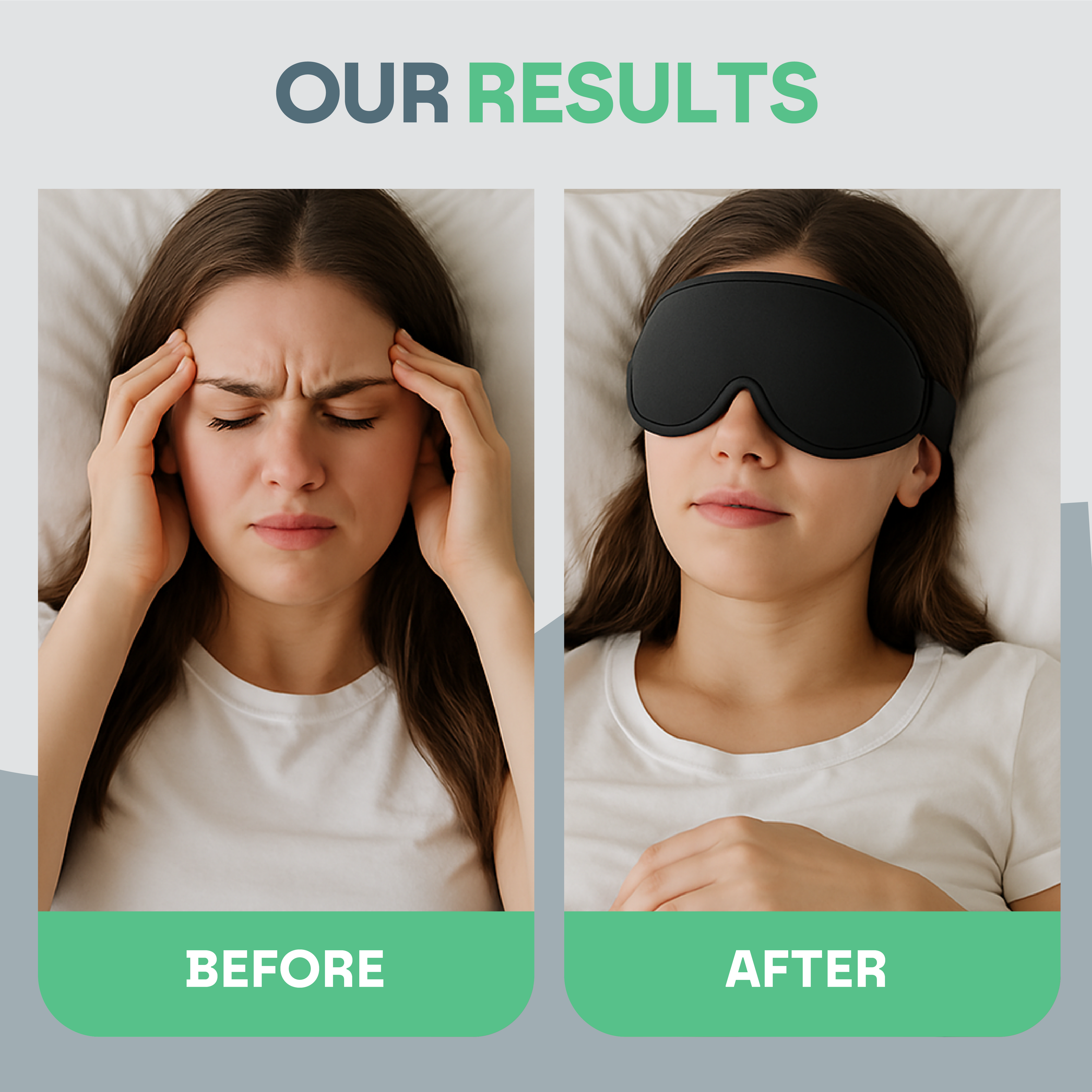 Before and after comparison of a woman with a headache wearing a sleep mask.