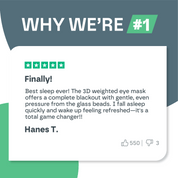 Product review for a 3D weighted eye mask with a five-star rating and customer feedback.
