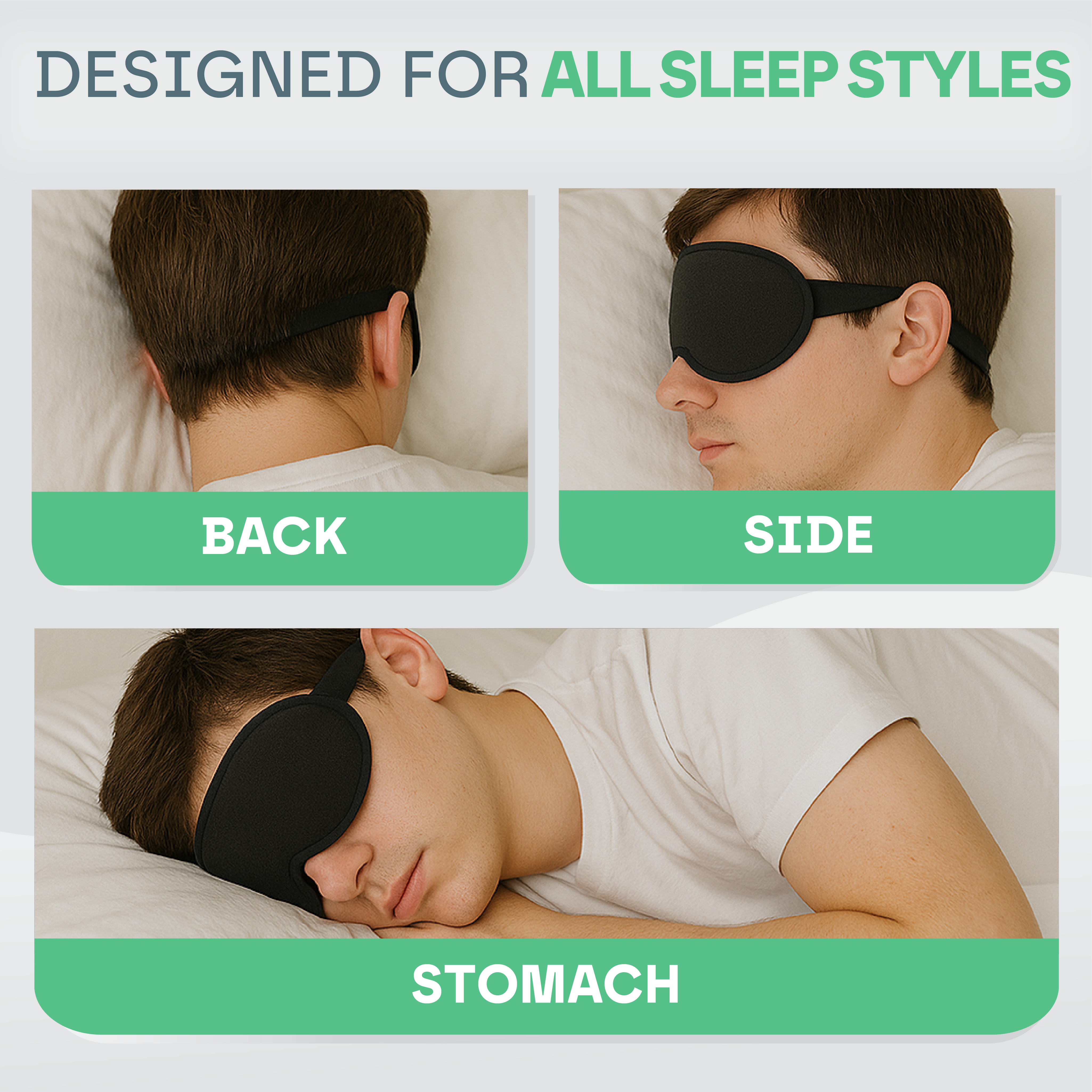 Three people sleeping in different positions with a sleep mask, labeled 'Back', 'Side', and 'Stomach'.