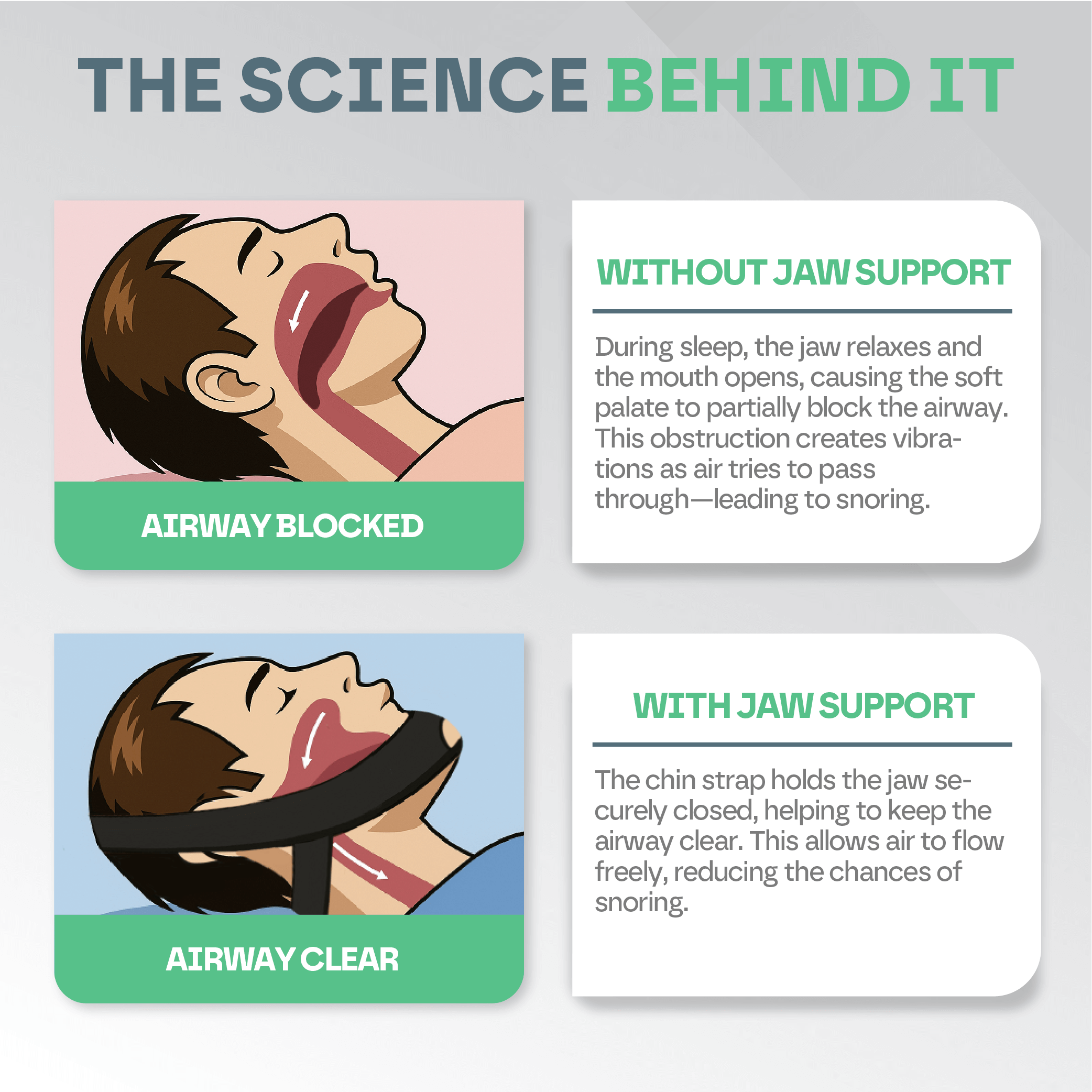 Diagram explaining the science behind airway obstruction with and without jaw support, used to reduce snoring.