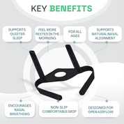 Nasal strip with key benefits listed on a gray background