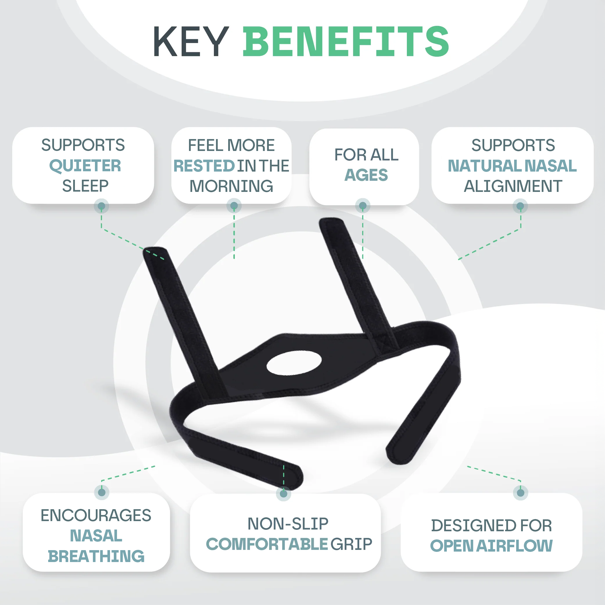 Nasal strip with key benefits listed on a gray background