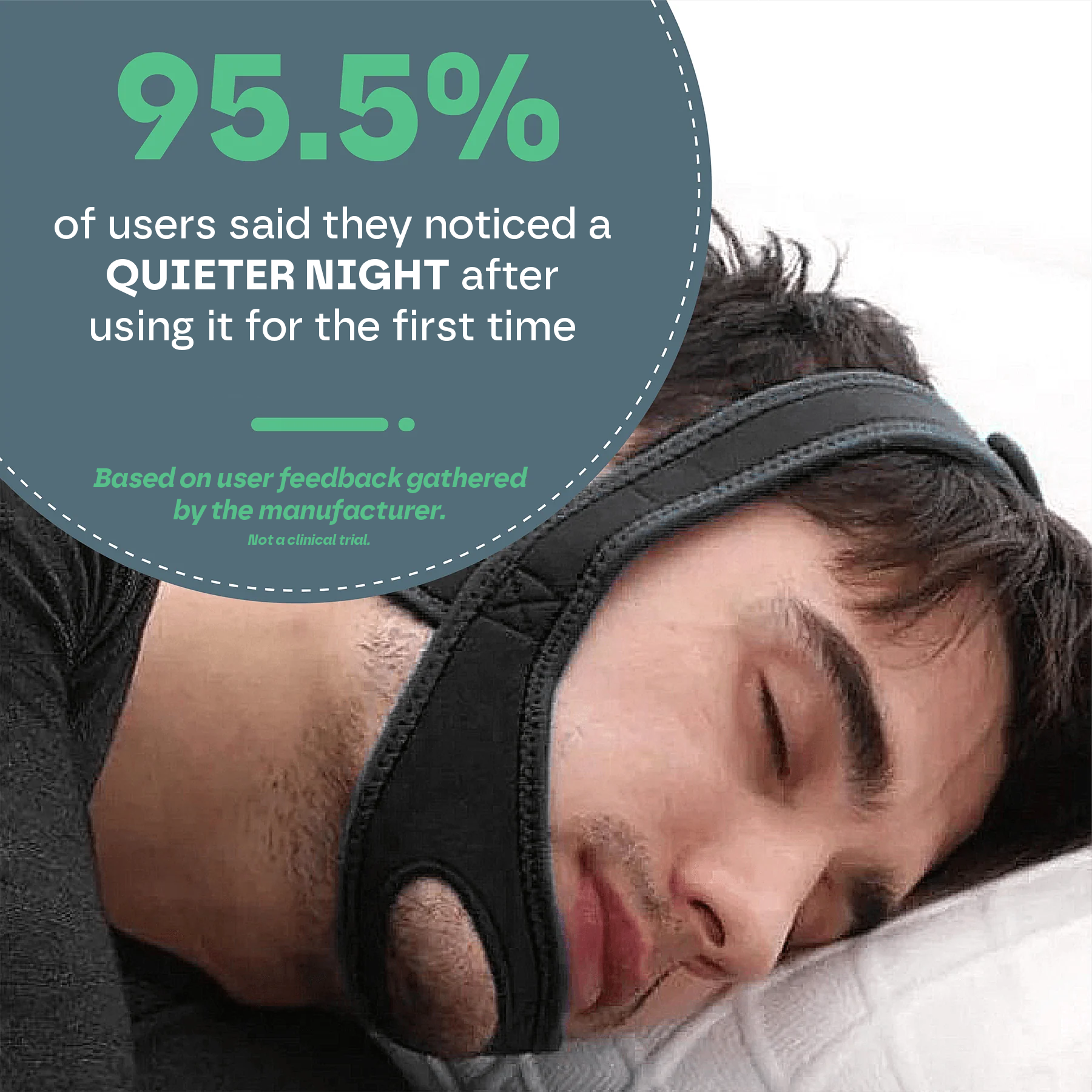 Person sleeping with a headband, text about user feedback on noise reduction.