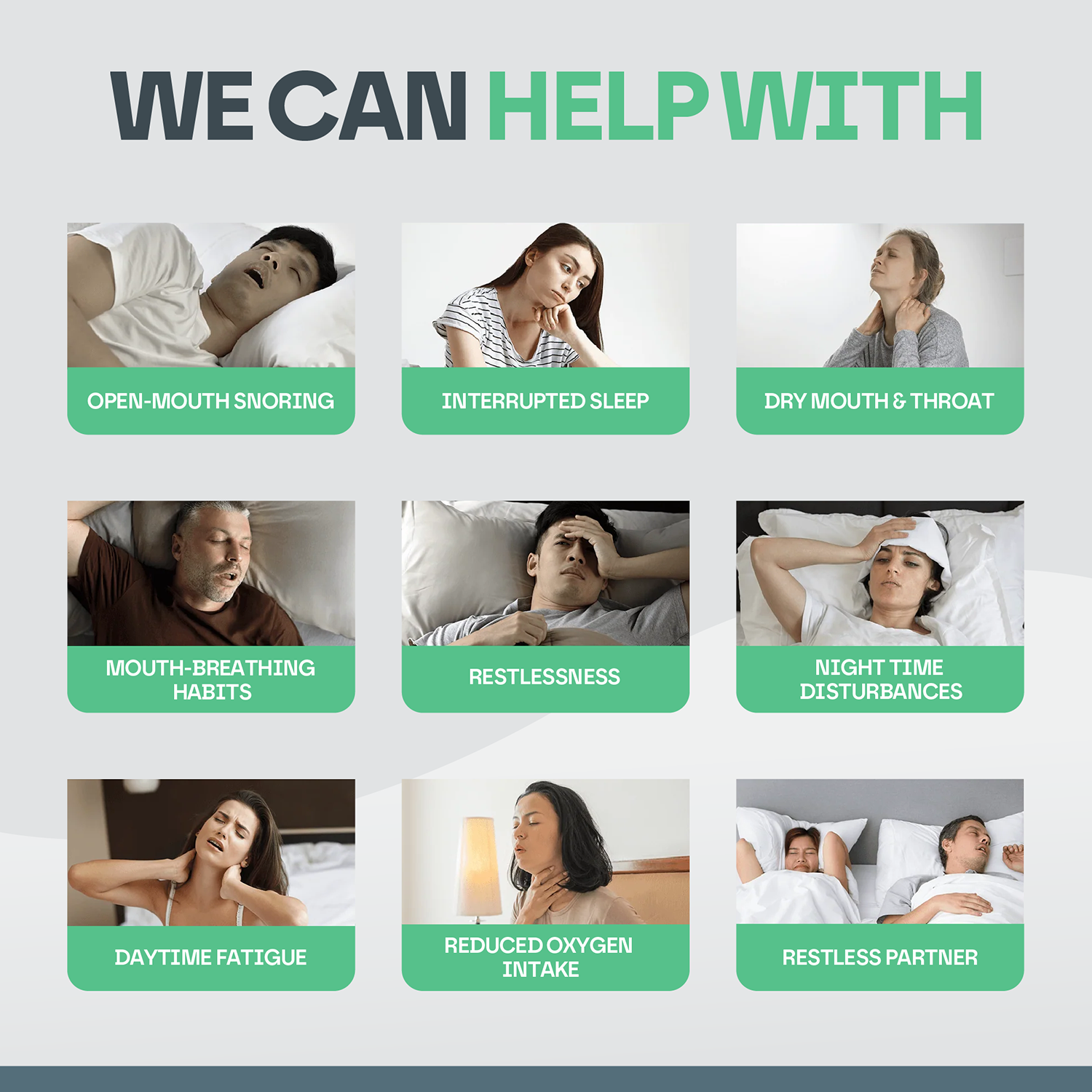 Diagram showing various sleep-related issues and solutions with people experiencing different sleep problems.
