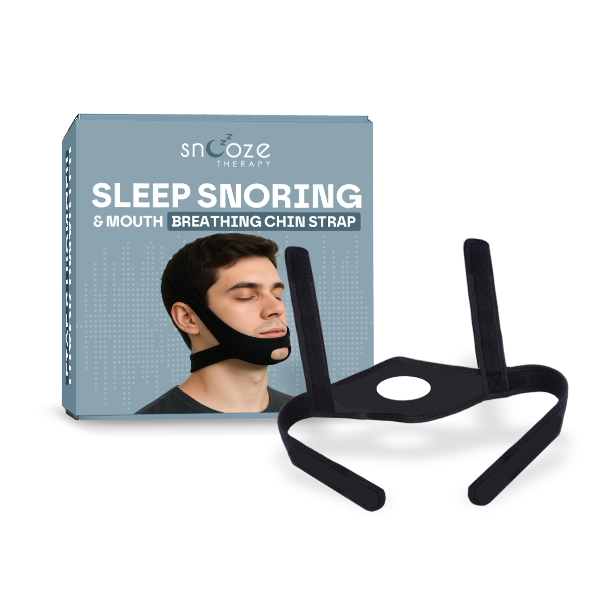 Sleep snoring and mouth breathing chin strap with packaging on a white background