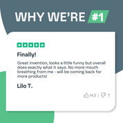 Five-star review with text and user name on a green and white background
