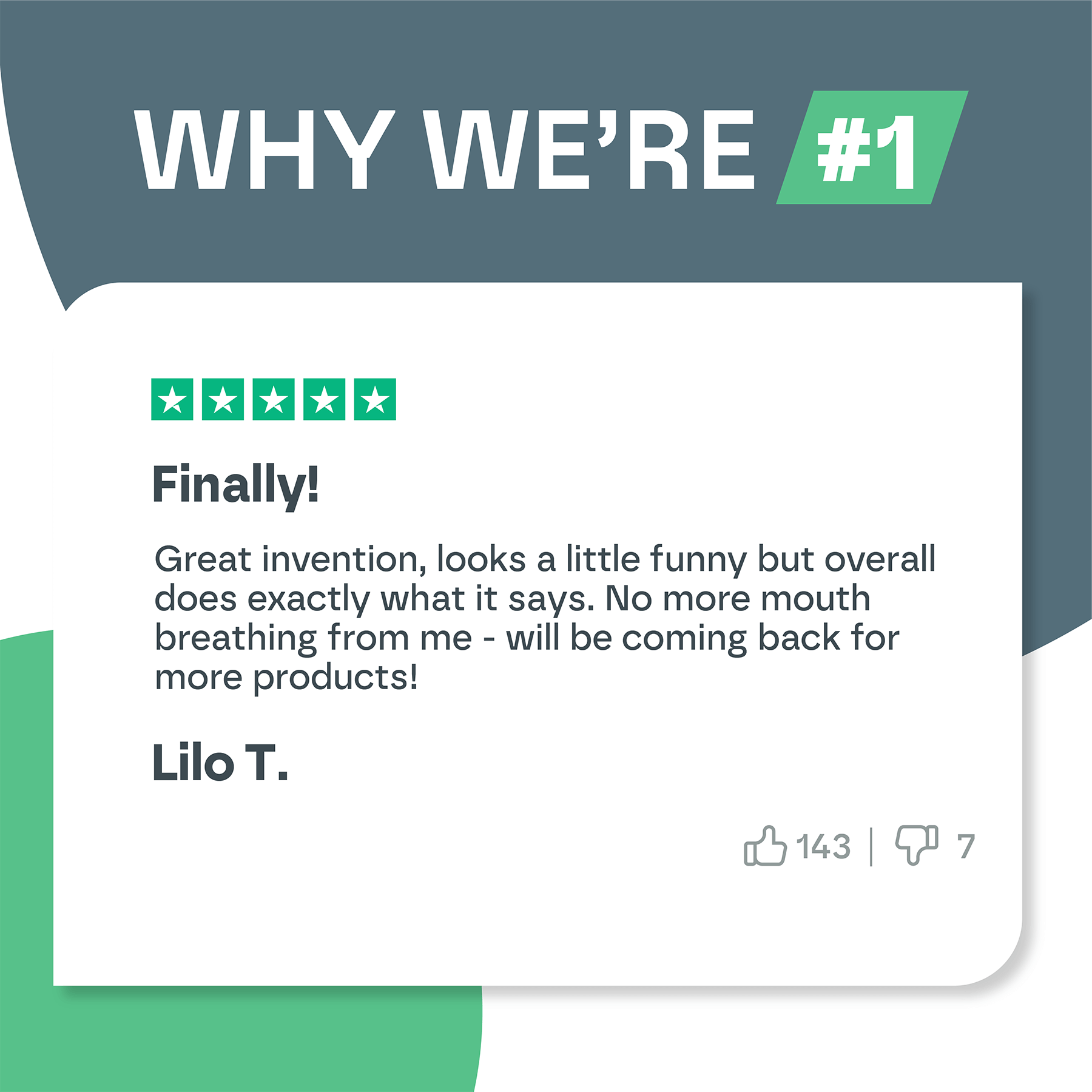Five-star review with text and user name on a green and white background