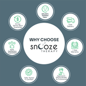 Promotional graphic for Snooze Therapy with various benefits listed.