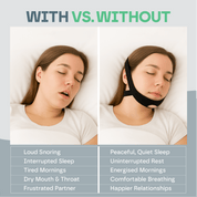 Comparison of a person sleeping with and without a mouthguard, showing benefits listed below.