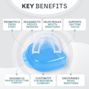 Blue mouthguard with labeled key benefits on a white background