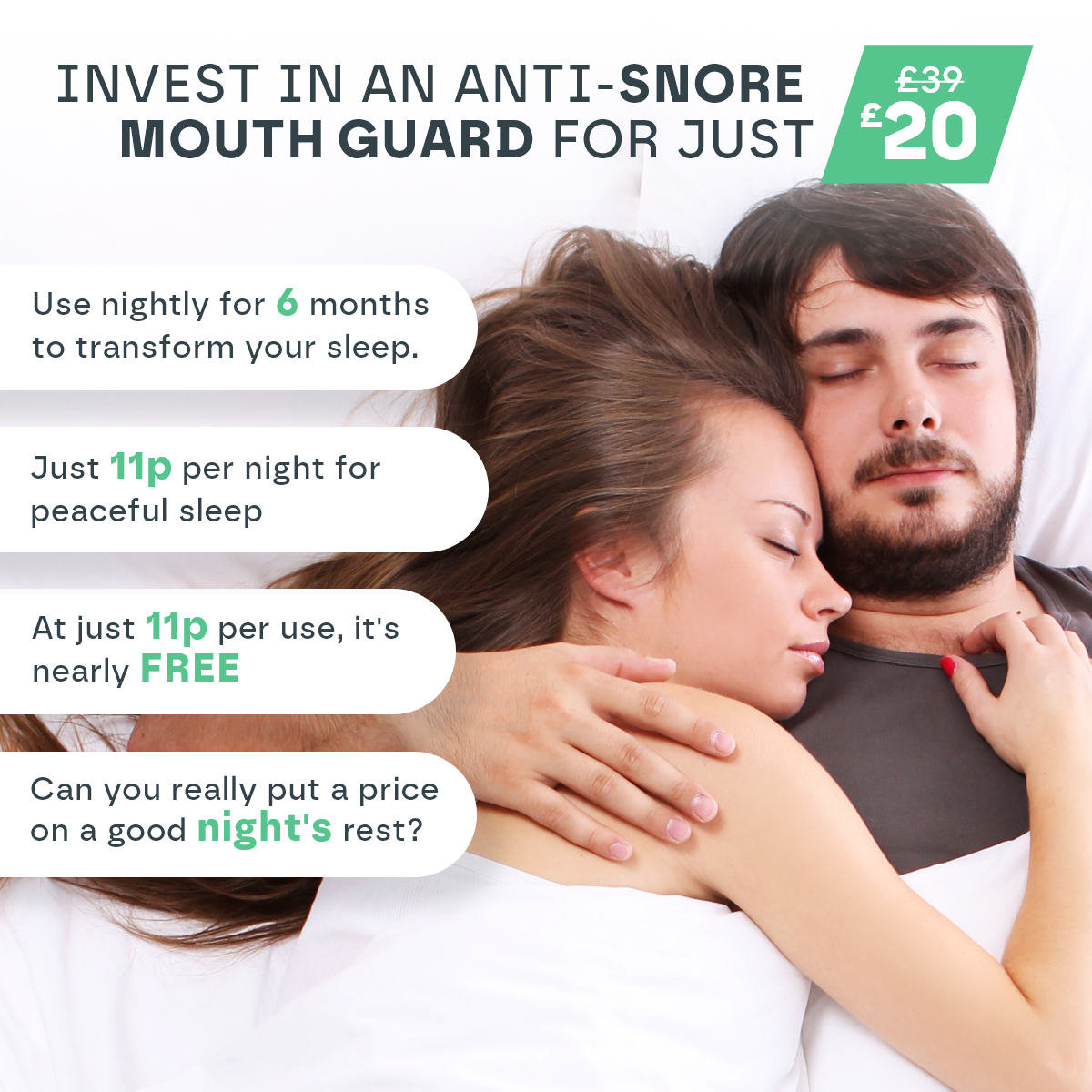 Advertisement for an anti-snore mouth guard with a couple sleeping peacefully.