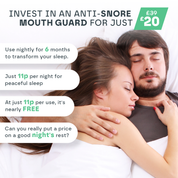 Advertisement for an anti-snore mouth guard with a couple sleeping peacefully.
