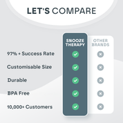 Comparison chart between Snooze Therapy and other brands with checkmarks indicating features.