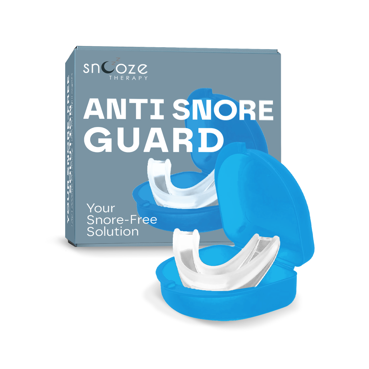 Blue anti-snore guard with packaging on a white background