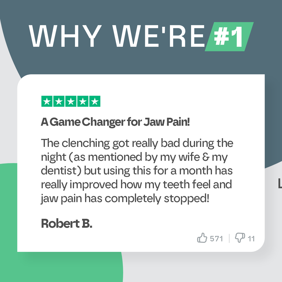 Product review with five-star rating and text about jaw pain improvement on a green and gray background.