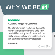 Product review with five-star rating and text about jaw pain improvement on a green and gray background.