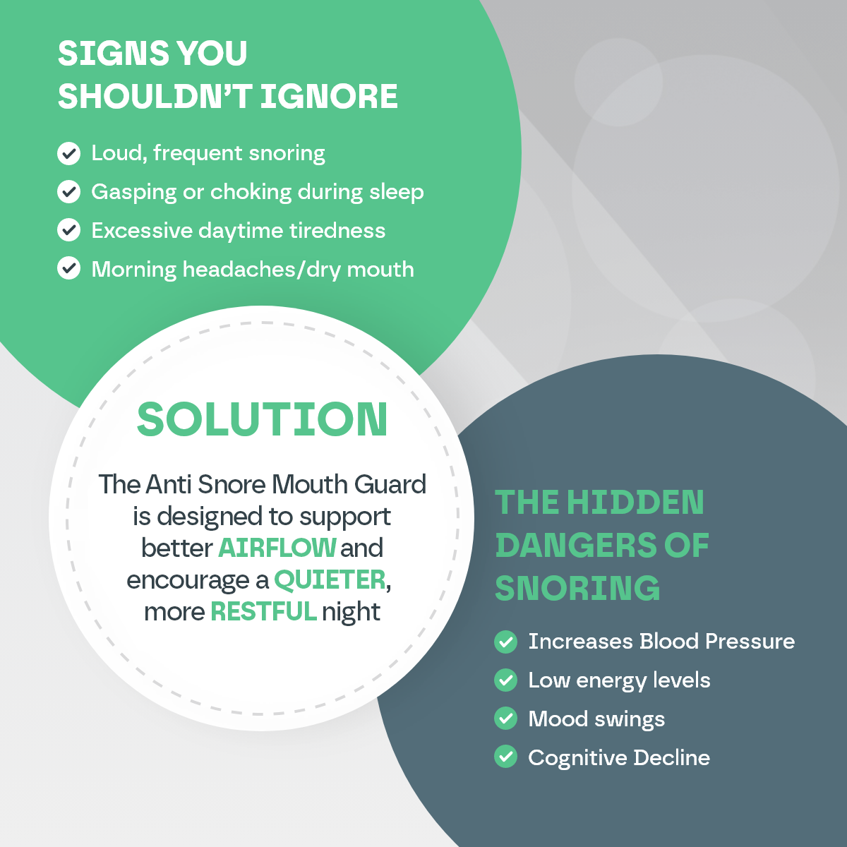 Infographic about snoring signs and solutions with green and gray color scheme.