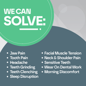 List of dental-related issues that can be solved, with a green circle and gray background.