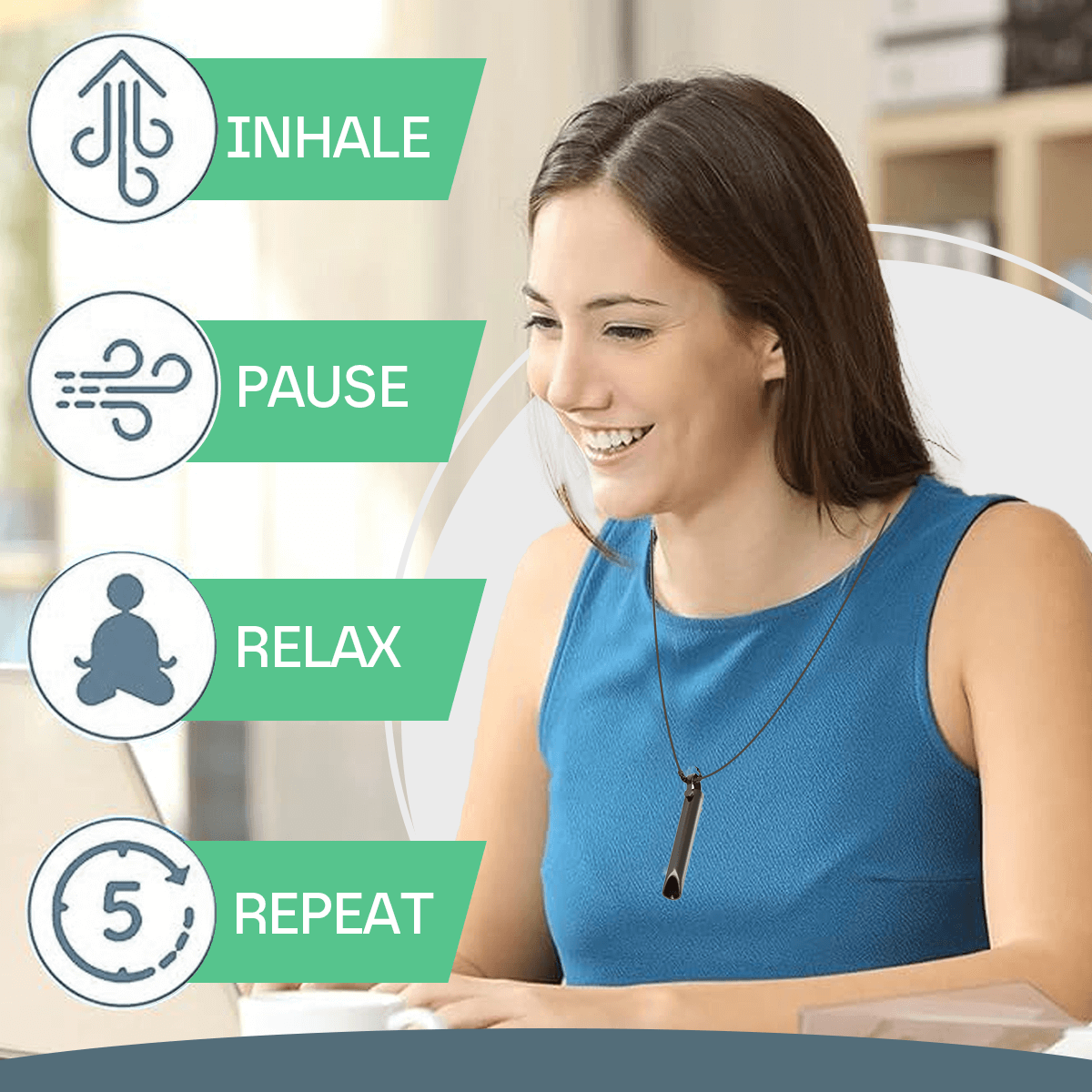 Woman sitting in a chair with breathing exercise steps displayed on the left.