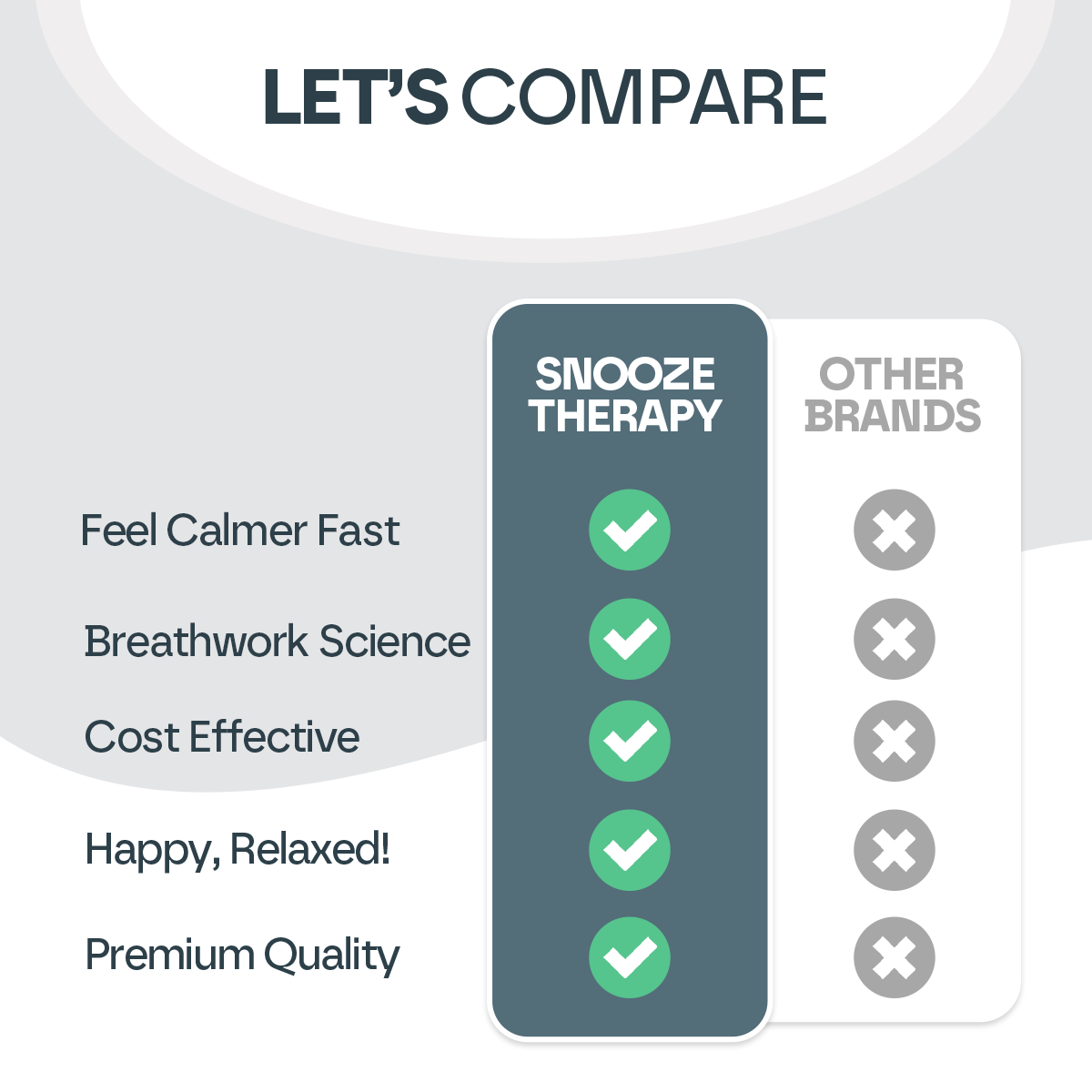 Comparison chart between 'Snooze Therapy' and 'Other Brands' with checkmarks indicating features.