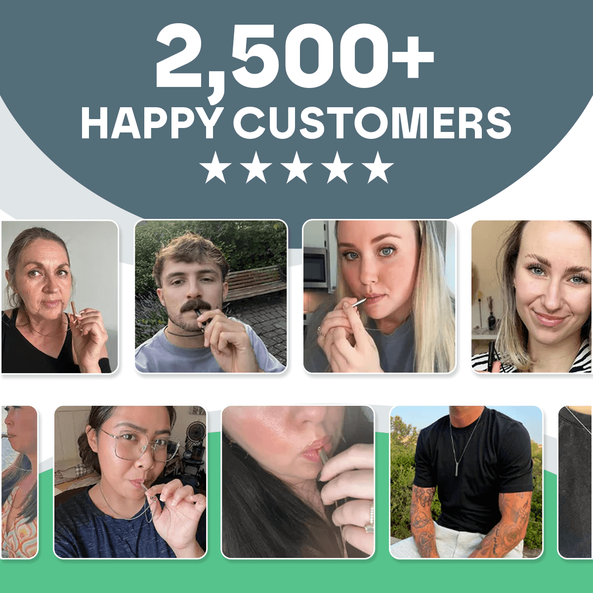 Collage of happy customers with text '2,500+ Happy Customers' and five-star rating.