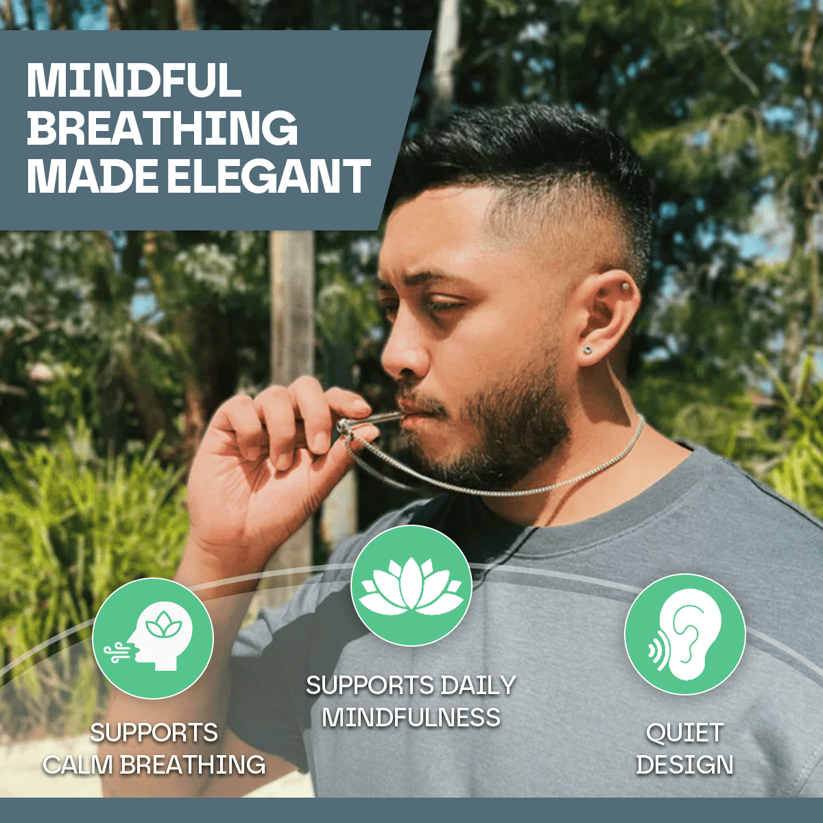 Man using a breathing device with text about mindful breathing outdoors