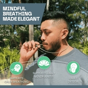 Man using a breathing device with text about mindful breathing outdoors