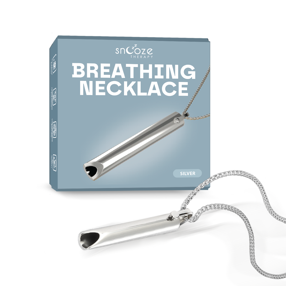 Silver breathing necklace with packaging on a white background