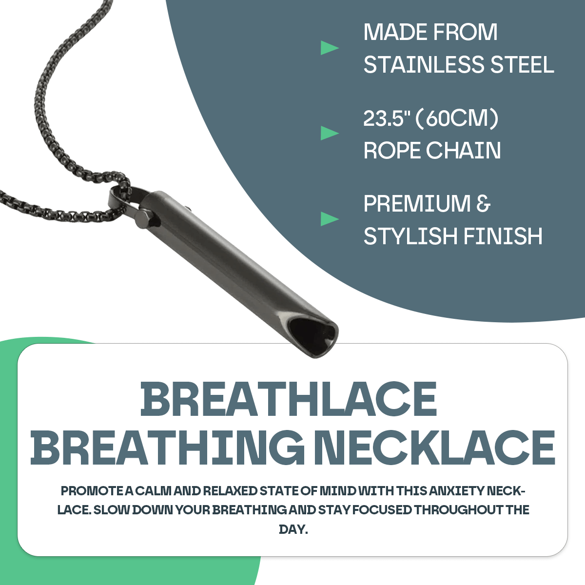 Breathlace breathing necklace with product details on a white background