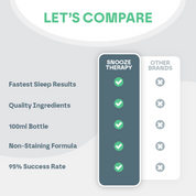 Comparison chart between 'Snooze Therapy' and 'Other Brands' with checkmarks indicating features.