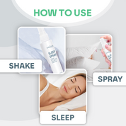 Instructions on how to use a sleep spray with a bottle and a person sleeping.