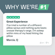 Product review with five-star rating and text praising the pillow spray's effectiveness.