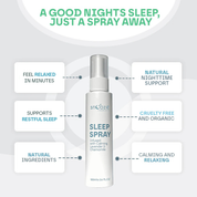 Sleep spray bottle with features listed on a light gray background